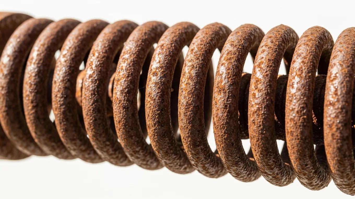 Close-up of a rusty garage door spring highlighting corrosion effects and wear