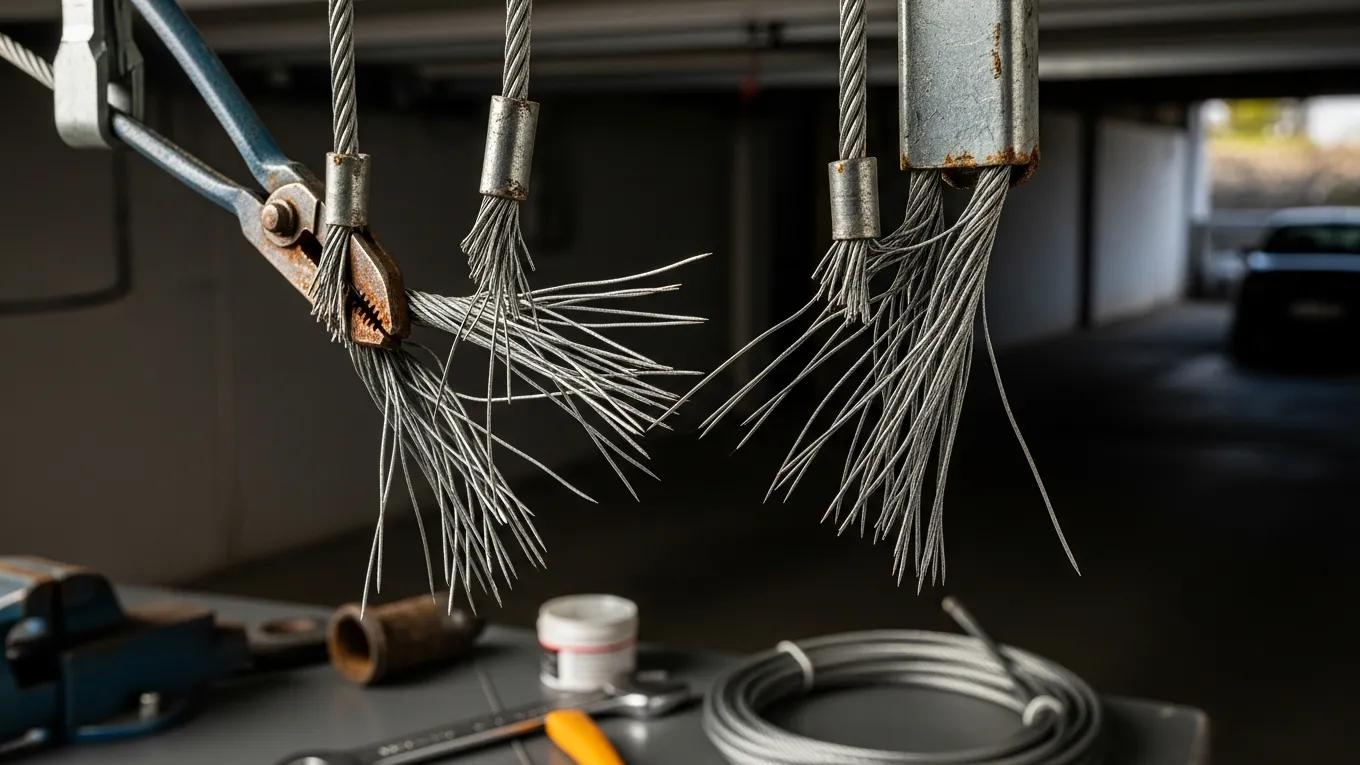 Close-up view of damaged garage door cables ready for repair