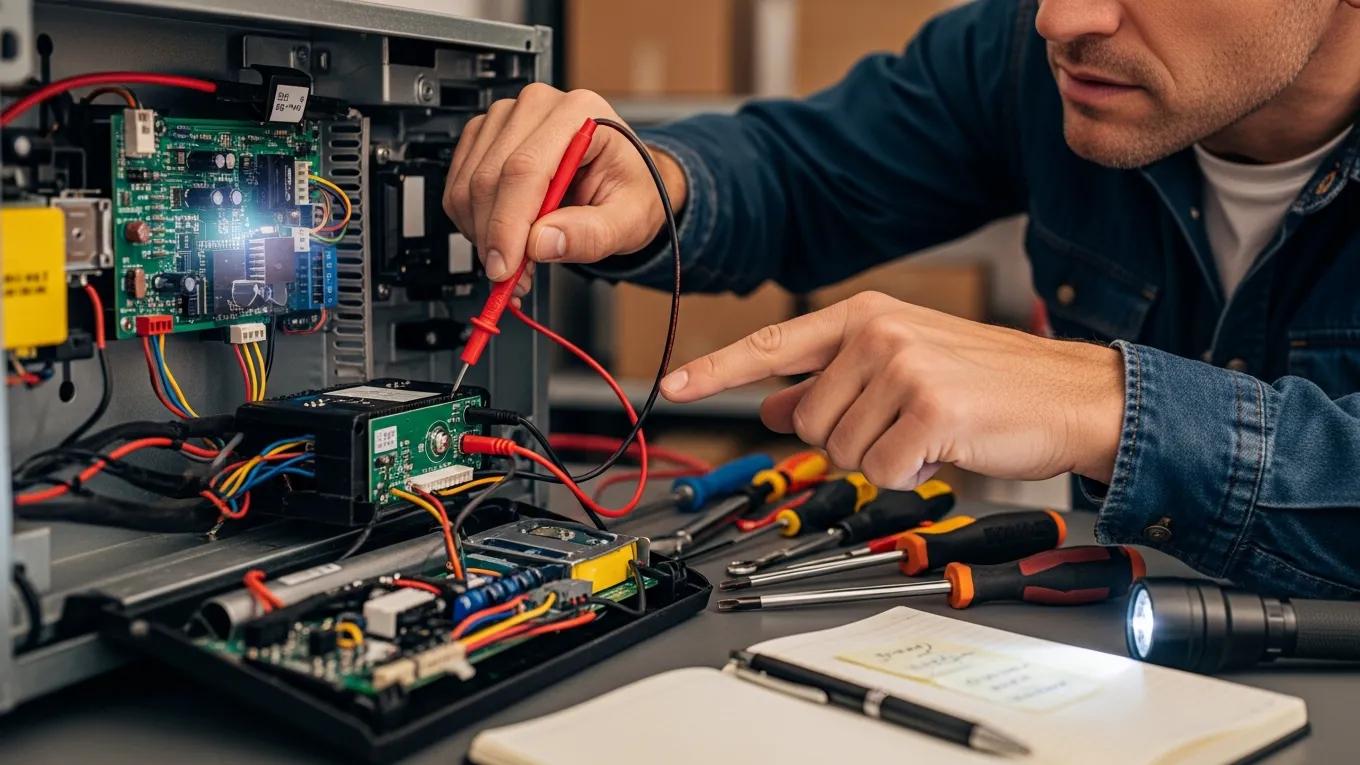Homeowner inspecting garage door opener components during troubleshooting process