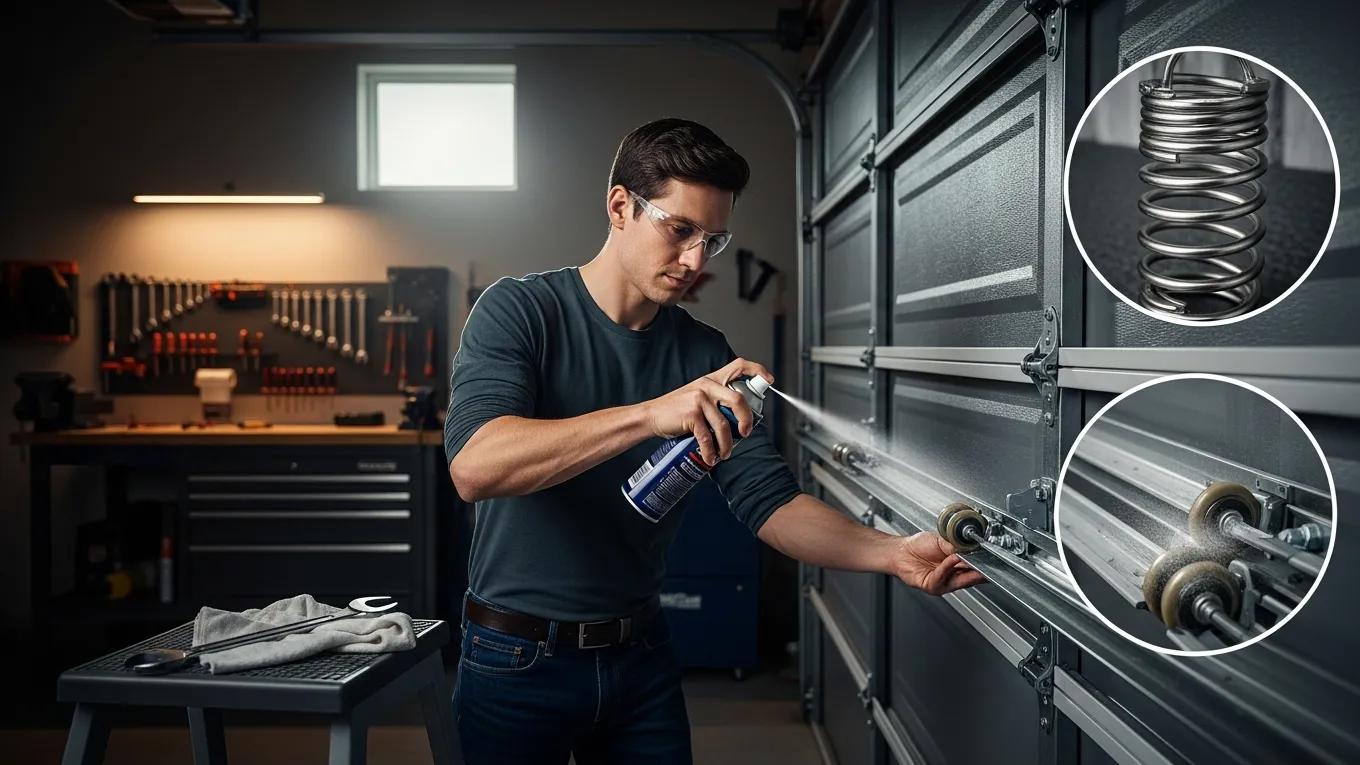 homeowner performing maintenance on garage door to ensure safety and longevity