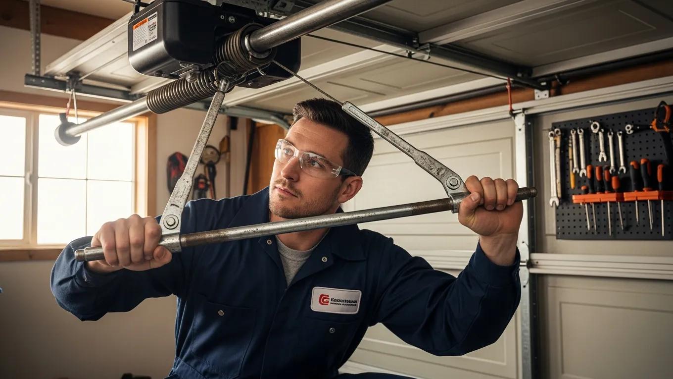 Technician adjusting garage door spring tension ensuring safety and functionality