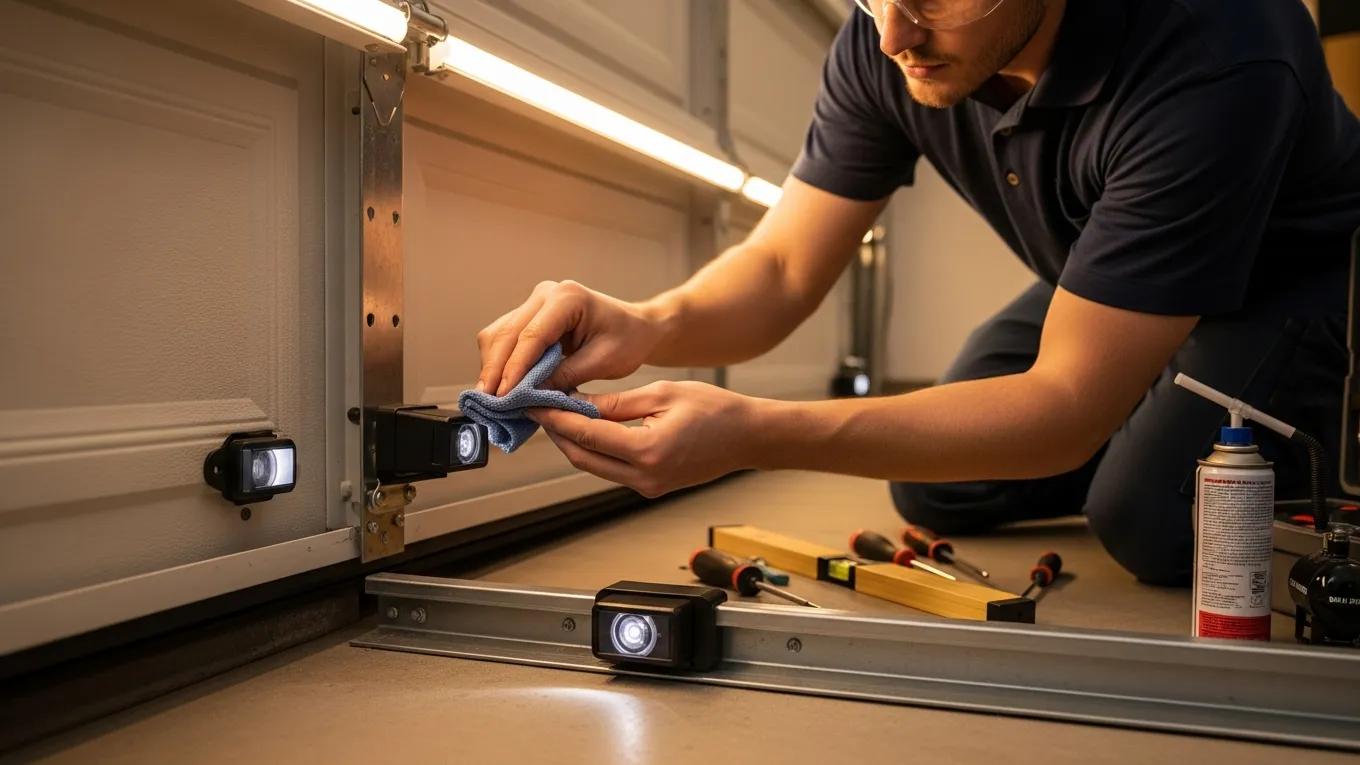 Technician cleaning and aligning garage door photo-eye sensors for improved functionality