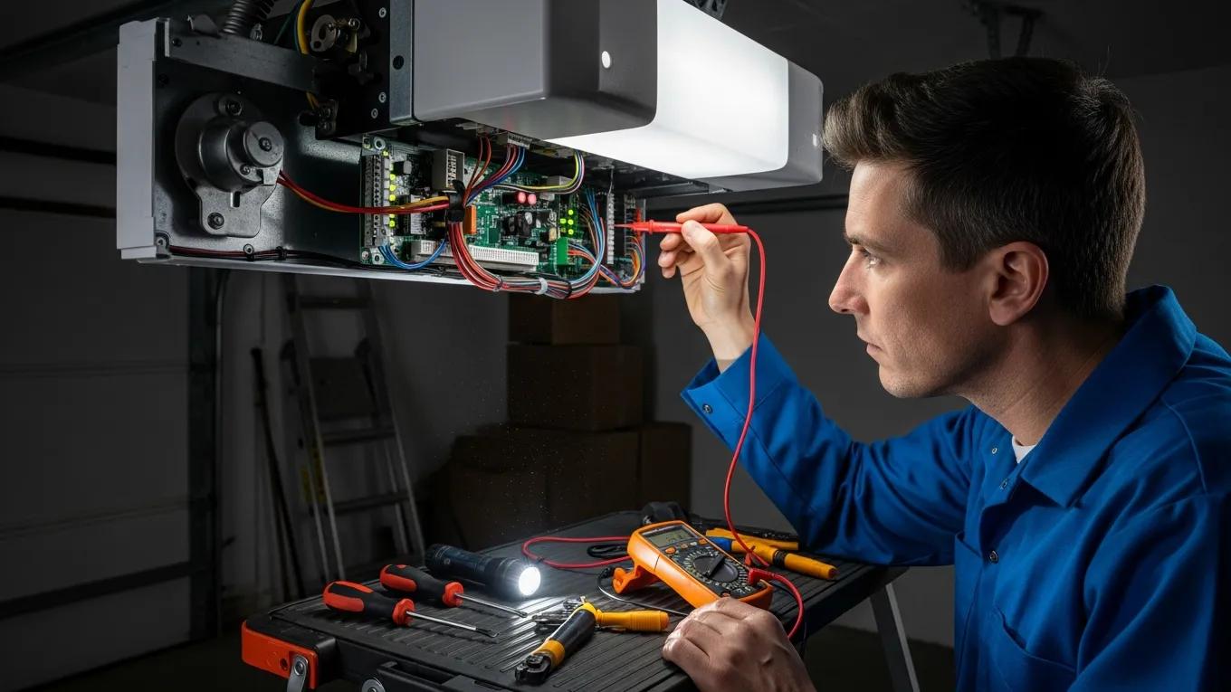 Technician diagnosing garage door opener issues for effective repair