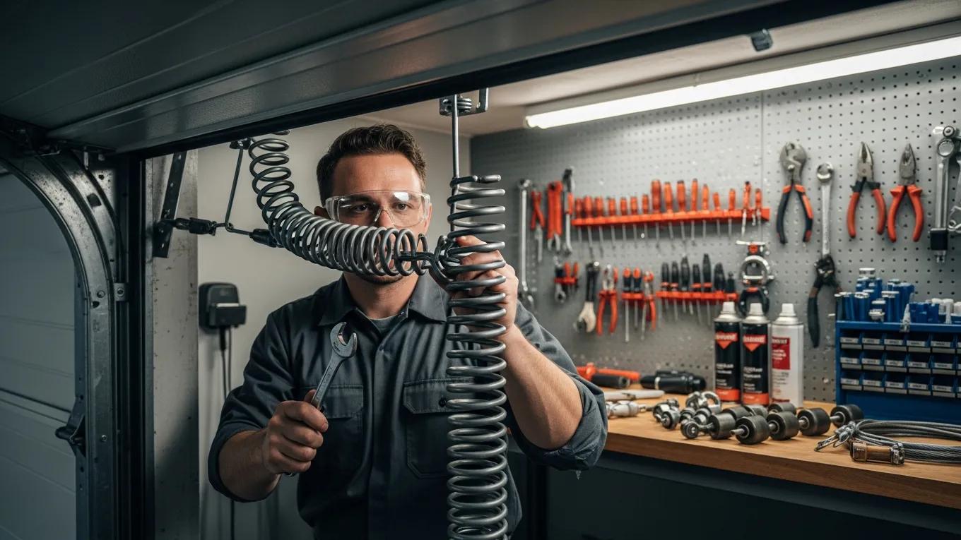 Technician inspecting garage door springs demonstrating maintenance and repair expertise