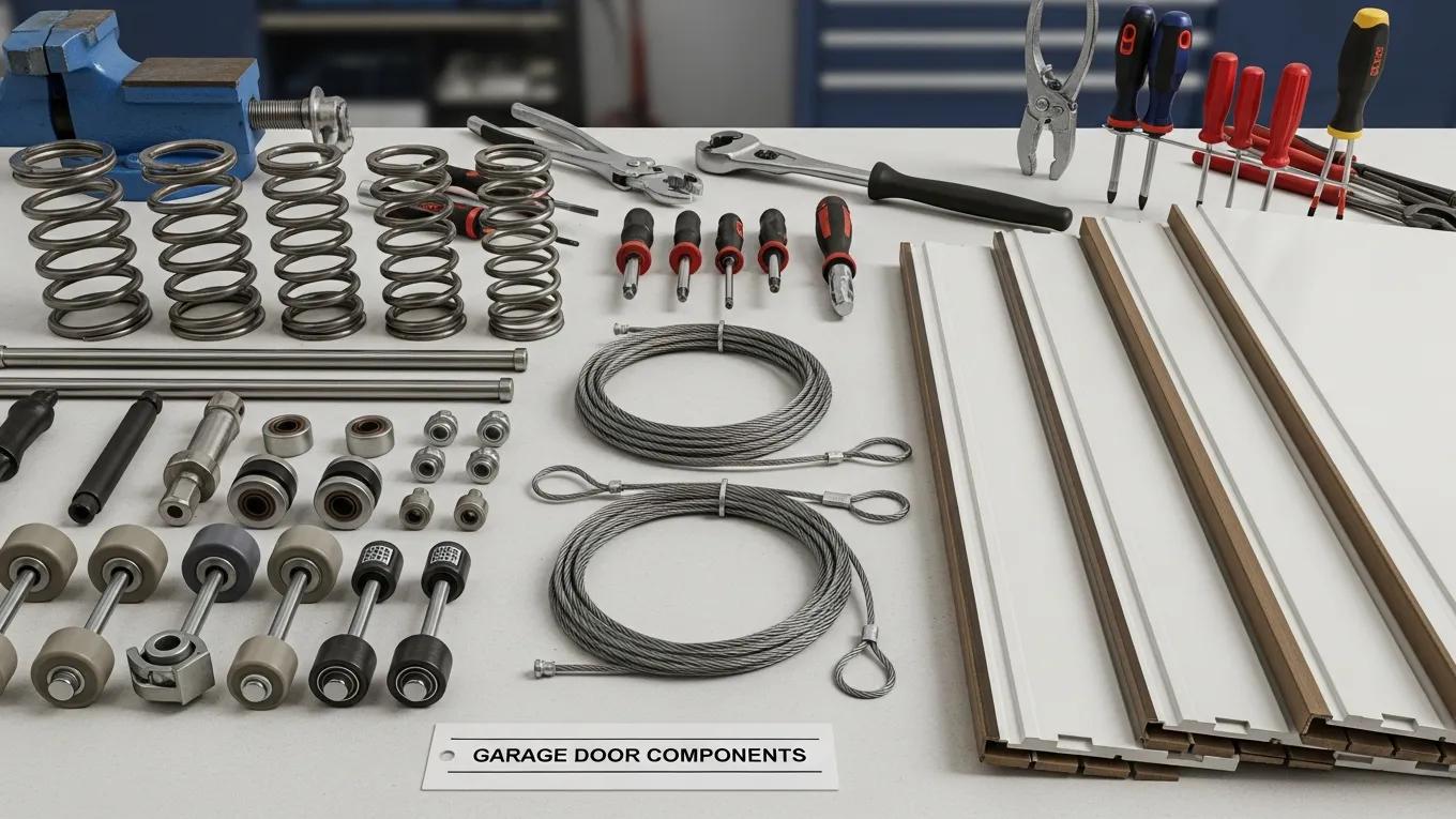 various garage door components including springs, rollers, cables, and panels