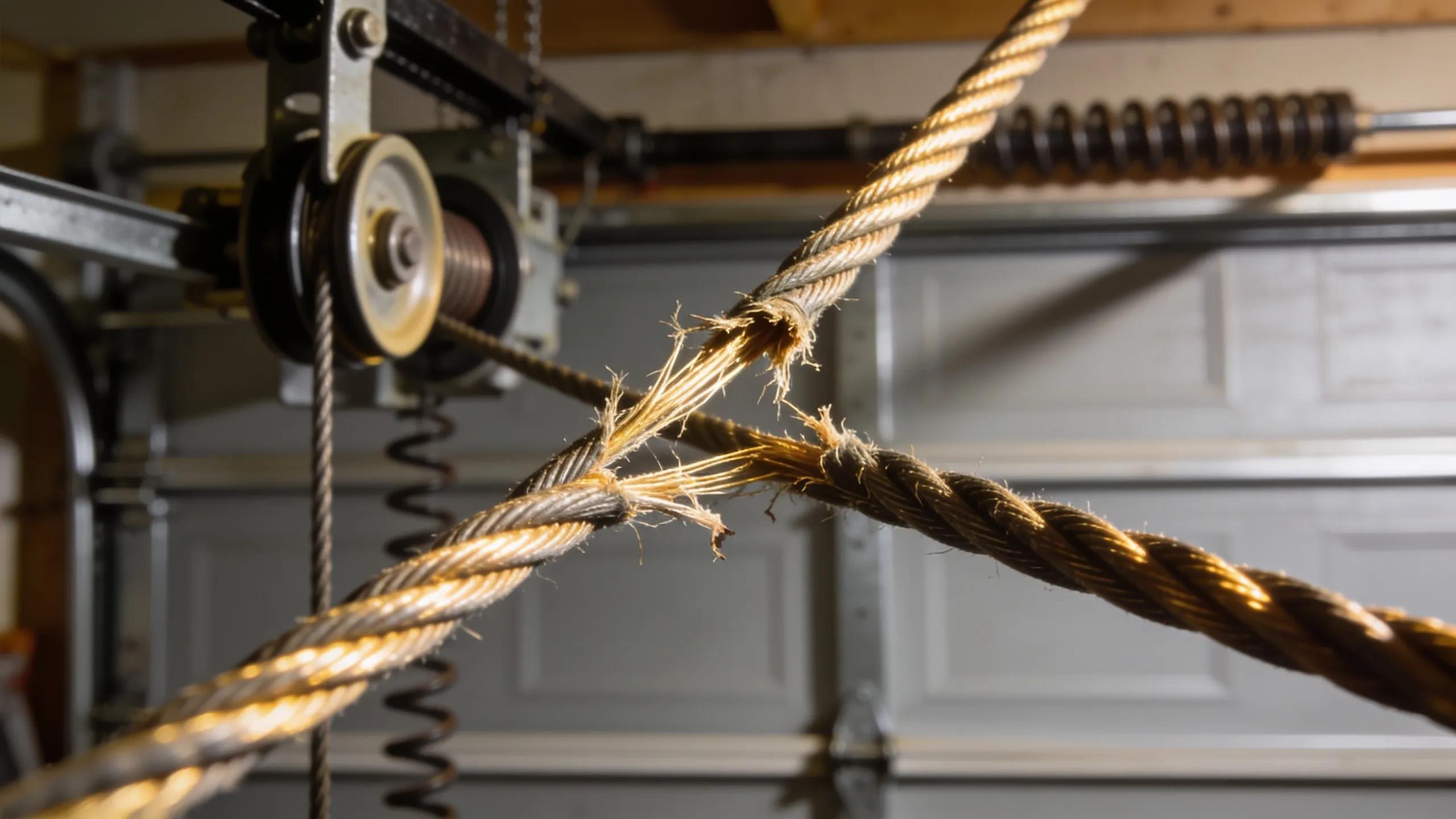 Frayed and damaged garage door cables highlighting crucial signs of wear requiring immediate attention