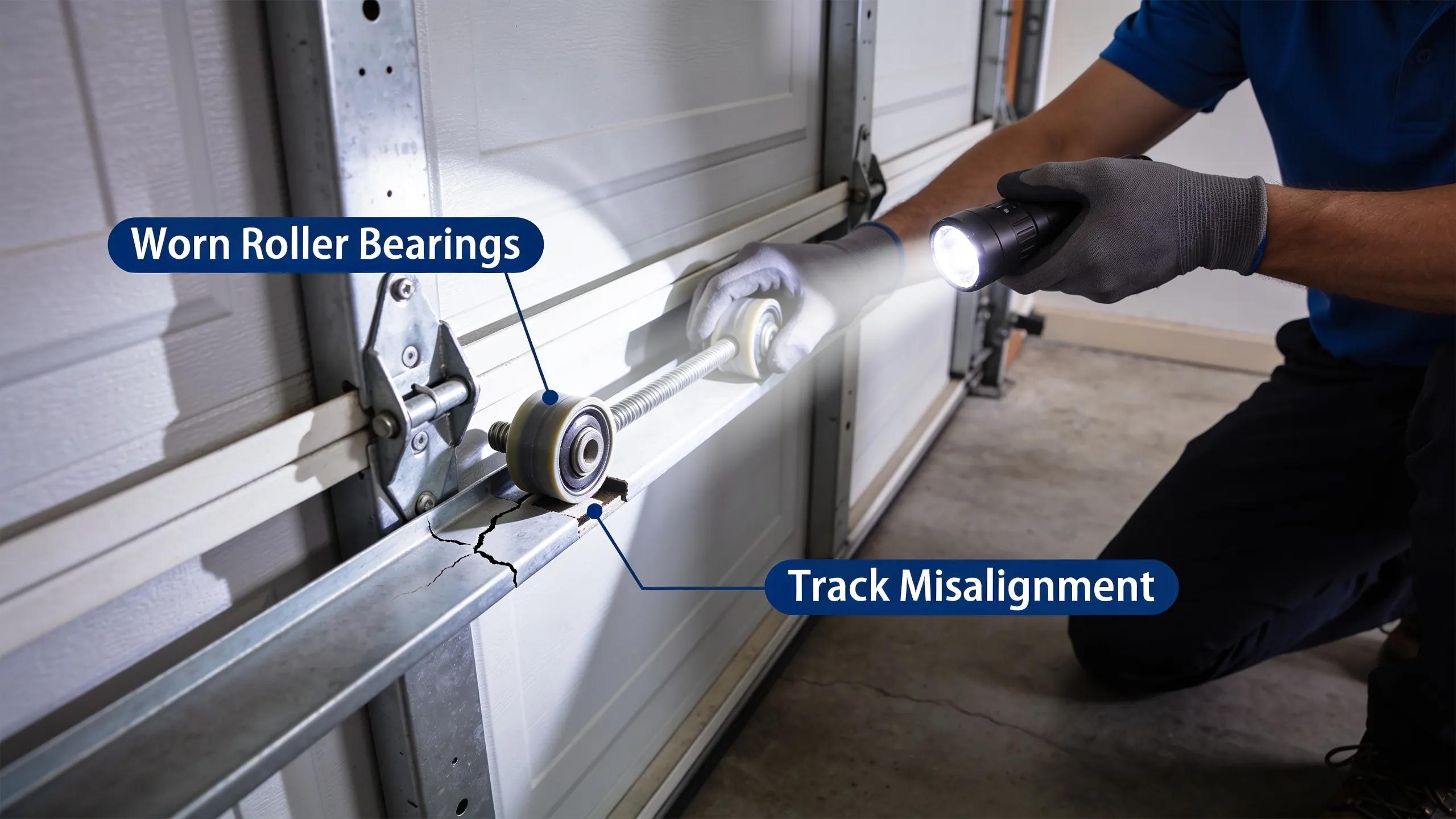 Individual inspecting garage door parts to identify noise-related issues