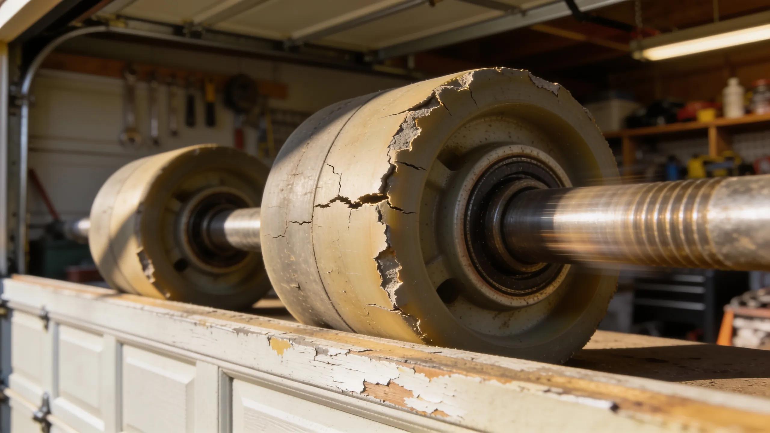 Close-up view of worn garage door rollers showcasing cracks and wear signs indicating immediate replacement needs