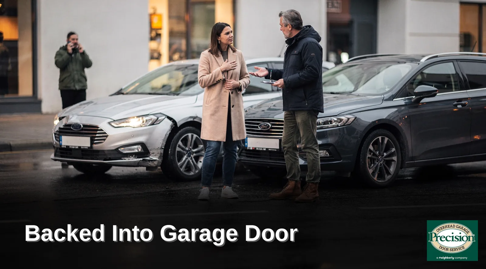 Drivers who have backed into a garage door should immediately shift into park and engage